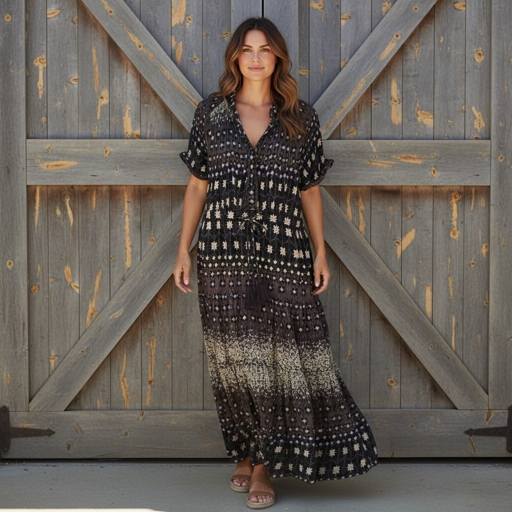 Free People Black and Purple Floral Smocked  Maxi Dress